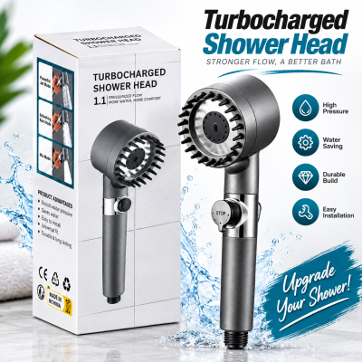 Turbocharged Shower Head – High-Pressure Propeller Bath Shower with PP Cotton Filter, Silicone Massage Brushes, Water Saving Stop Button & 360° Rotation